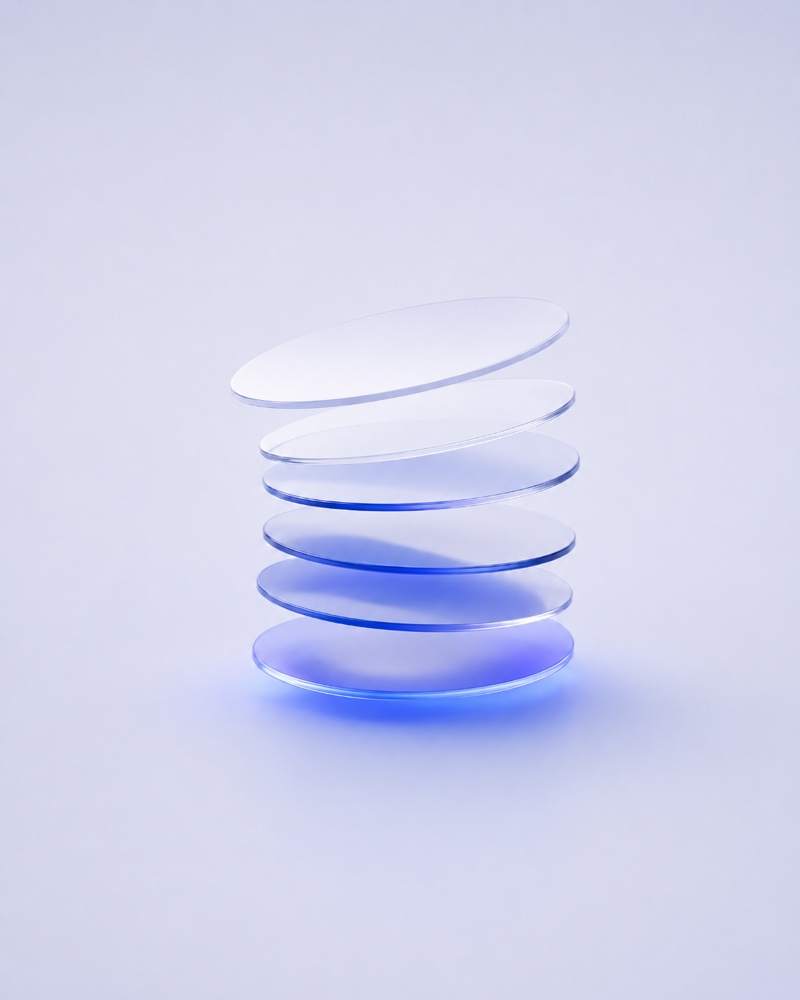 A floating stack of translucent cobalt discs