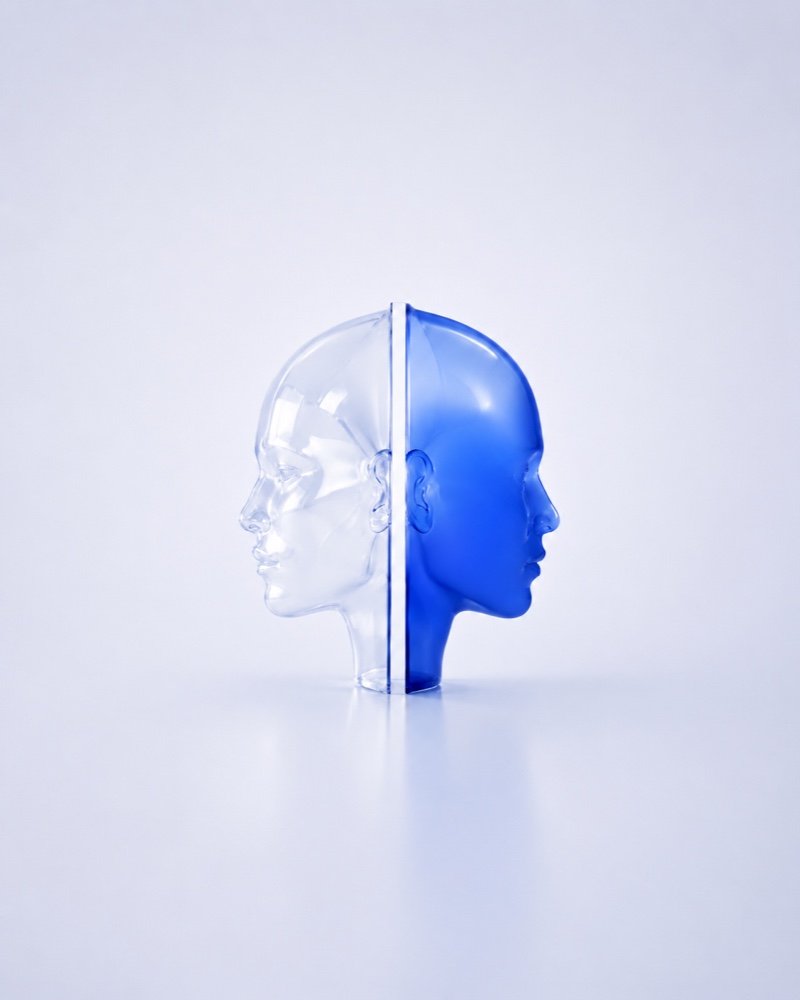 Clear and cobalt mirrored human profiles