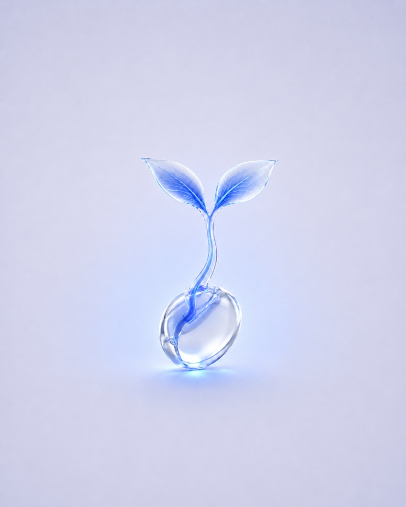 A blue glass seedling emerging from a clear seed